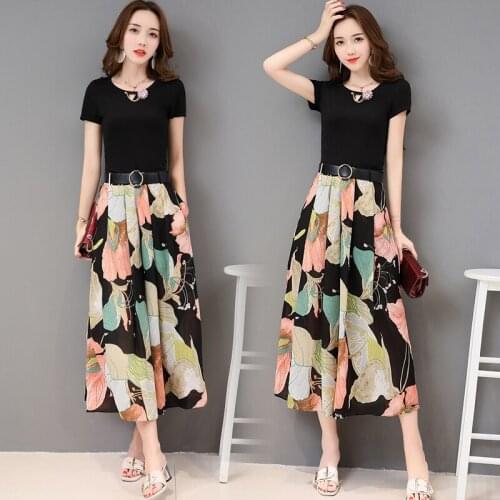 Fashion Women Dress Two Sets Short Sleeve Tea-length Pocket Zipper Floral Print Summer Suit Ropa Mujer Robe Femme Sukienka 8649