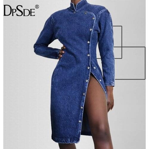 DPSDE 2020 fashion elegant street style short dresses long sleeve high neck single-breasted pure color knee-length dresses