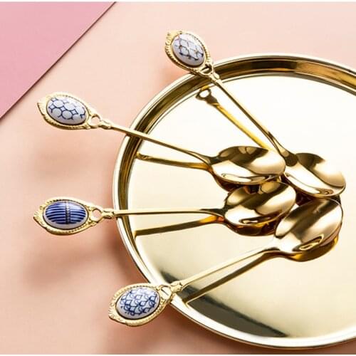 4Pcs set Ceramic Spoons Luxury Stainless Steel Teapoon Ceramic Handle Coffee Scoop Vintage Gold Plating Dessert Cake Spoons