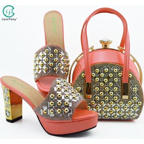 New Arrival African Ladies Matching Italian design Shoes and Bags Set for Party Women Shoe and Bag Set in Peach Color
