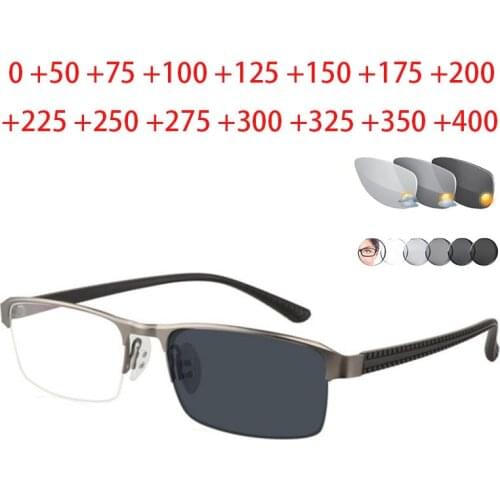 Photochromic Reading Glasses Men Aspheric Hard Resin Lense Reader Eyeglasses Flexible Temples Legs Half Frame Male Presbyopia