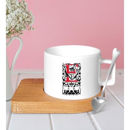 Personalized Letter Wooden Altlıklı Ceramic Fincan-7