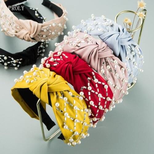 PROLY New Fashion Women Hairband Center Knot Pearls Grid Turban Adult Solid Color Headwear Spring Hair Accessories Wholesale