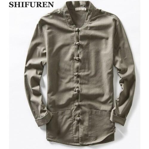 SHIFUREN Men Linen Cotton Shirts Breathable Kung Fu Tang Male Casual Shirts Mandarin Collar Traditional Chinese Style Size M-3XL