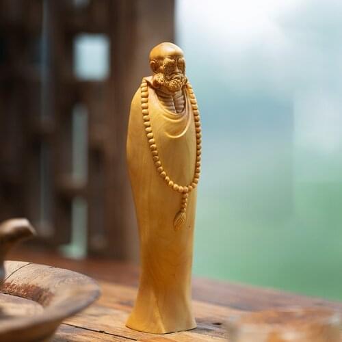 Boxwood 18cm Dharma Sculpture Wood Buddha Statue Zen Buddhist Saints Home Decoration