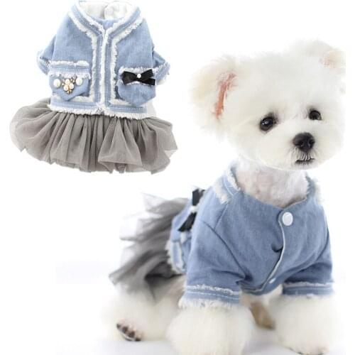 Blue Denim Dog Coat Winter Warm Pet Clothes Fake Pearl Decor Tulle Tutu Jeans Dress Jacket For Small Dogs Bichon Teddy Apparel L