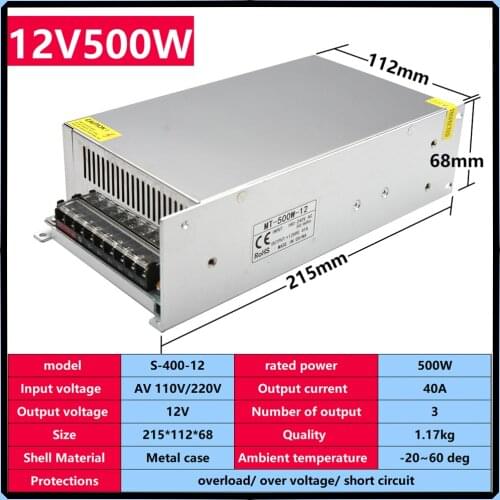 DC stabilized Power Supply 12V 500W Lighting Transformer Switching Power Suply Source Adapter LED Strip Switch Driver