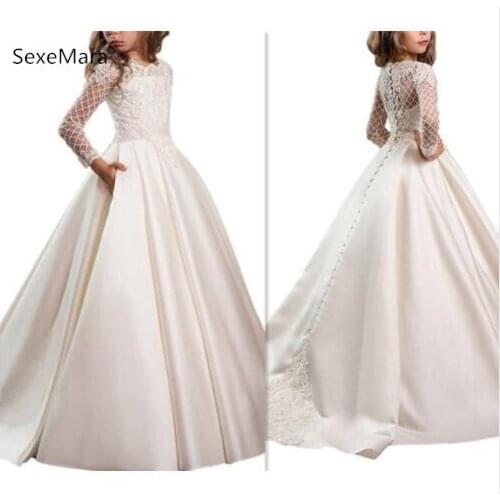 Custom Made Princess A-Line First Communion Dresses Satin Lace Long Sleeves Flower Girl Dresses for Wedding