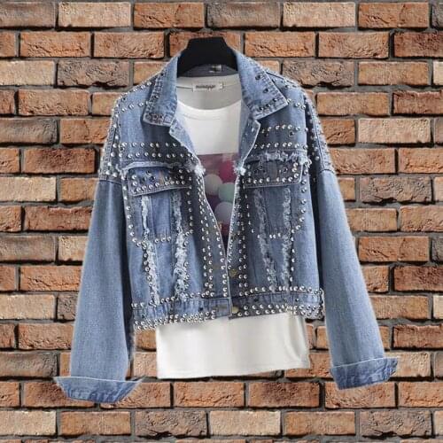 2021 Spring Autumn Women Denim Coat Harajuku Heavy Hand Beaded Rivet Short Jeans Jackets Lady Casual Loose Single Breasted Top