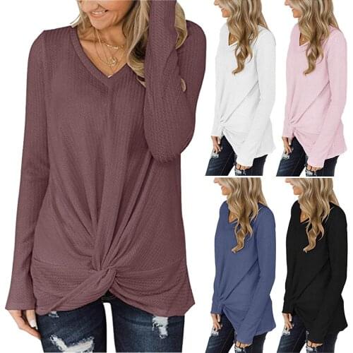 Women roupas feminina V-Neck Long Sleeve Side Twist Knotte Tunic Top Casual Tee T-shirts Female Casual Tops Femme Camisas Mujer