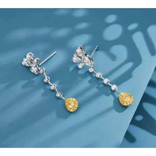 Yellow Real Diamond 18K-Gold Drop Earrings For Women Geometric Anniversary Gift Engagement Wedding Fine Jewelry