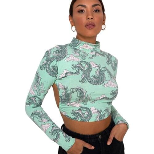 Women Dragon Pattern Print Crop T-shirts Tops Long Sleeve Backless Sexey Tees Top Women Cropped Skinny Elastic Clothing