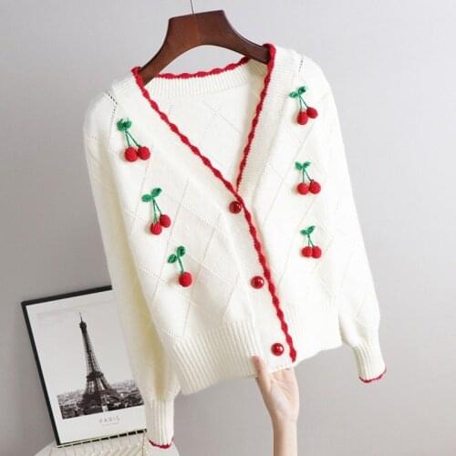 Autumn and winter short sweater jacket women fashion new style temperament long-sleeved v-neck cherry knit cardigan