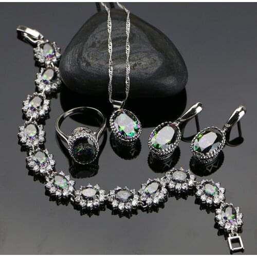 Mystic 925 Sterling Silver Women Jewelry Sets With Rainbow Fire Cubic Zirconia Pendant/Earrings/Ring/Necklace/Bracelet Gift Box