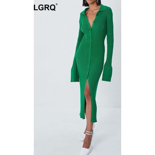 [LGRQ] Single Breasted Sheath Knitting Womens Dress New Turn Down Neck Long Sleeve Fit Fashion Tide Spring Autumn 2021 19D4113
