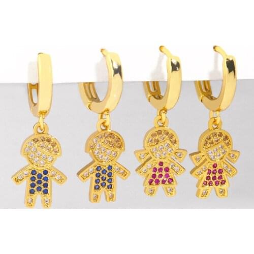 Gold Filled Huggie Earrings With Charms Boy And Girl Couple Drop Earrings Copper CZ Cubic Zirconia Family Jewelry Gifts erst88