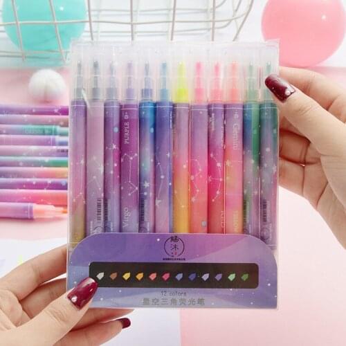 12 Pcs Per Set Star Double Headed Fluorescent Highlighter Pen Cute Painting Decoration Light Color Marker Highlighter Wholesale