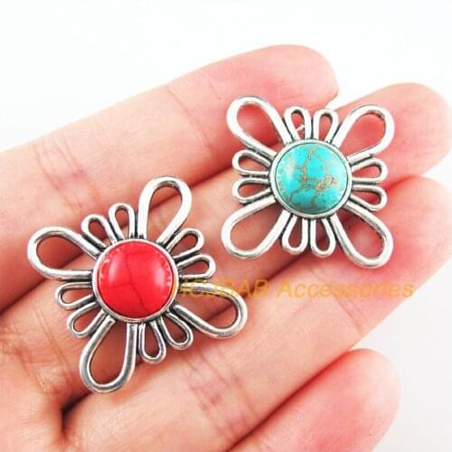 6Pcs Retro Tibetan Silver Tone Flower Blue&Red Stone Charms Connectors 31mm