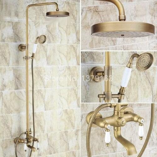 Antique Brass Two Ceramic Handle Bathroom Rain Shower Faucet Set Tub Mixer Tap + 7.7" Round Rain Shower Head + Handshower ars149