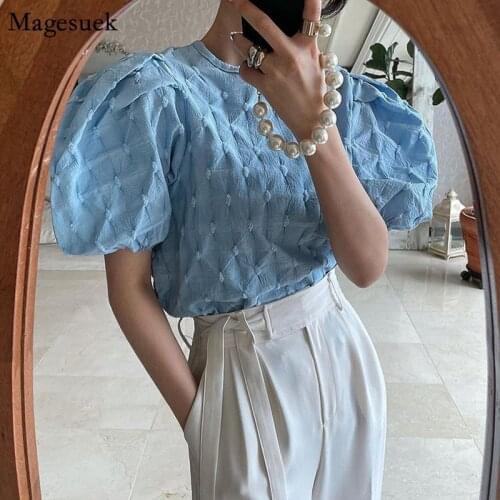 Vintage Women Blouses Summer New O-Neck Fashion Puff Sleeve Tops For Women Fashion Pleated Women Shirt White Blusas Mujer 15369
