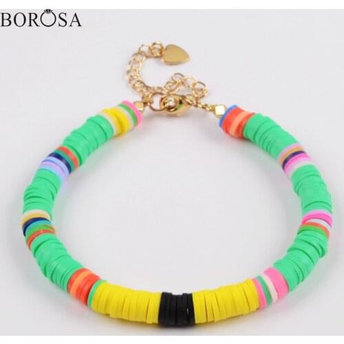 BOROSA 10PCS Boho Colorful Bracelets Polymer Clay Beads Fimo Slices Plastic Thin Disc Elastic String Handmade Bracelet Jewelry