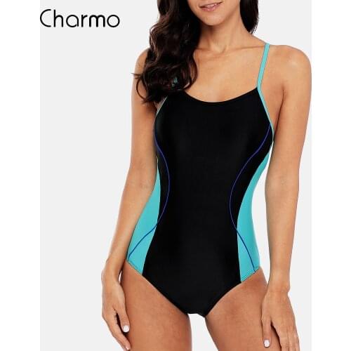 Charmo One Piece Women Sports Swimsuit Sports Swimwear Colorblock Monokini Beach Bathing Suit Bikini fitness bodysuit swimming