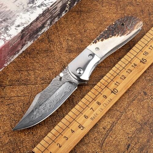 Damascus folding knife VG10 blade antler handle tactical outdoor camping mountaineering survival fruit EDC tool knife