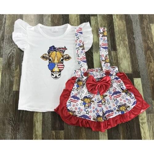 2021 Kids clothes Baby Girl summer Bow Tie Sunglasses Bullhead Print Tops Bracket and Pants Independence Day Two Set