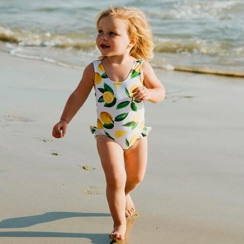 Baby Swimsuit Bathing-Suits Lemon Printed Ruffles Beachwear Girls Bikini Backless Kids Child Summer One Piece Swimsuit Swimwear