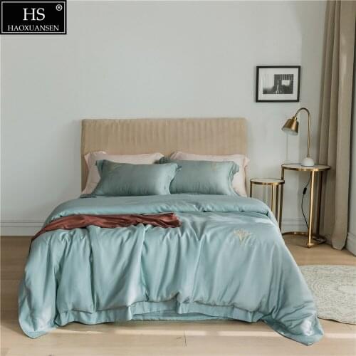 Elegant Light Blue 4Piece Bedding Sets Tencel Lyocell Silky Soft Pillowcase Duvet Cover Bed Sheet Delicate Hot Drilling Orchid