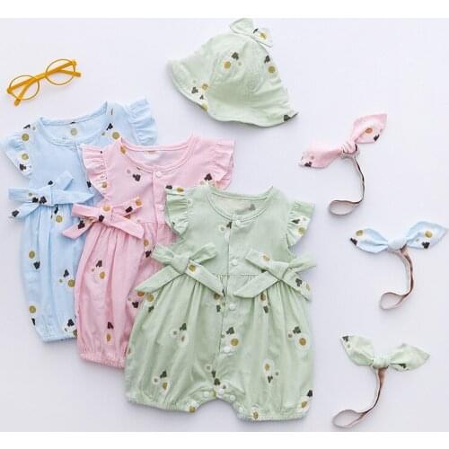 Cotton Floral Newborn Clothes Bowknot Baby Girls Rompers with Headband or Hat Infant Boys Jumpsuit One-piece Necktie
