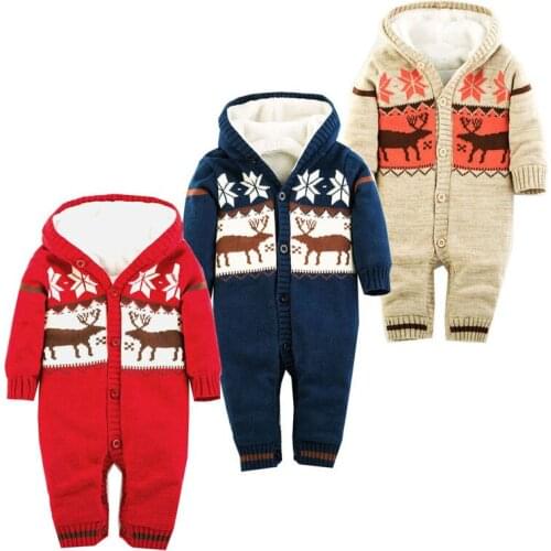 Baby Rompers Winter Thick Climbing Clothes Newborn Boys Girls Warm Romper Knitted Sweater Christmas Deer Hooded Outwear