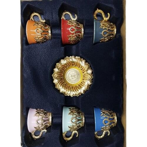 COLORFUL COFFEE TEA SET 12 PIECES CERAMIC AND COPPER ARAB TURKISH COFFEE CUP 6 CUP AND 6 CUP PLATES