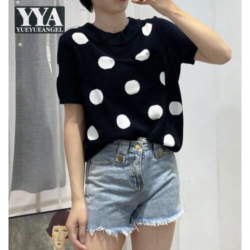 Summer Women Knitted T-Shirt O Neck Short Sleeve Loose Fit Casual Tees Tops Ladies Polka Dot Knitwear T-Shirts Pullover Black