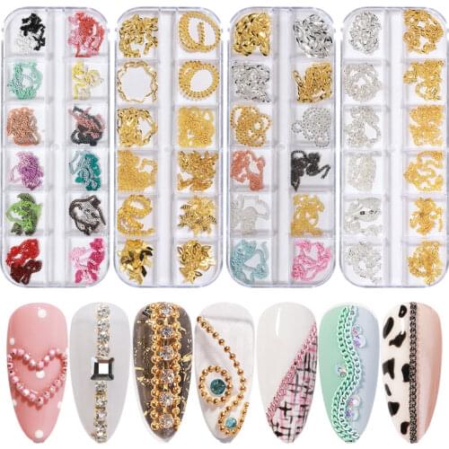 12 Grids Metal Chain Nail Art Decoration Gold SIlver Alloy Mixed Style Nails Chain Ins Metallic Accessories Decorative Manicure