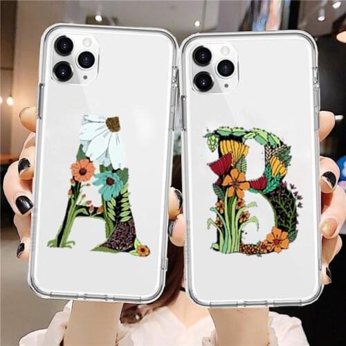 Fashion Custom 26 Name Letter Couple Case For iPhone 11 Pro SE 2020 XS MAX XR X 7 8 6s Plus Flowers Clear Soft TPU Cover Coque
