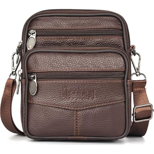 Genuine Leather Mens Crossbody Bag Casual Business Leather Men Shoulder Bags Vintage Male Wallet Zipper Wearable Belt Waist Bag