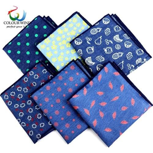 Cotton Denim Pocket Square For Men Adult Blue Dots Printed Handkerchief 23*23CM Suits Casual Solid Hanky
