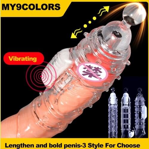 MY9COLORS Penis Extender With Vibrating Bullet Mens Crystal Condoms Erotic Penis Enlargement Adult Sex Toy For Couples SM Game