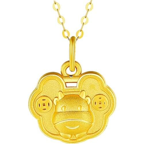 New 24K Yellow Gold Pendant 3D 999 Gold Ruyi Lock Cattle Necklace Pendant