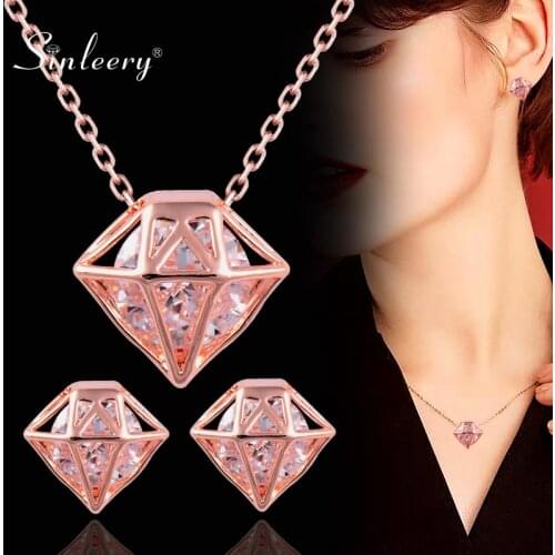SINLEERY Trendy Gem Shaped Cubic Zircon Necklace Earring Set Rose Gold Silver Color Women Wedding Crystal Jewelry Sets TZ412 SSG