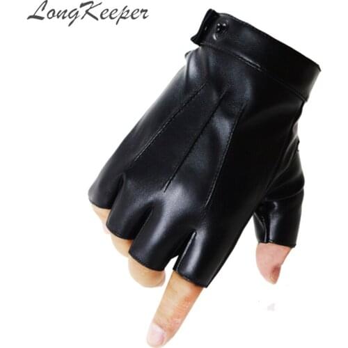 LongKeeper PU Leather Half Finger Gloves For Men Women Black Fashion Fingerless Outdoor Dancing Non-slip Driving Mittens Guantes