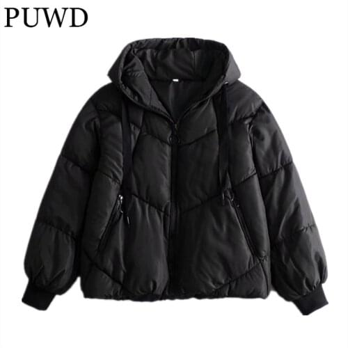 PUWD Casual Women Pocket Hooded Puffer Parkas 2021 Winter Fashion Ladies Zipper Cotton Padded Thick Coats Female Chic Outwear