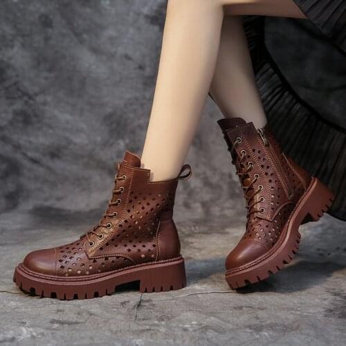 Womens Summer Boots Womens Boots Shoes Leather Lace-up Ankle Boots Solid Color Womens Breathable Hollow Mesh Boots