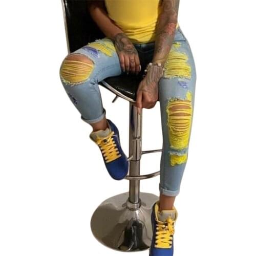 2021 Ladies Korean Slim Jeans Fashion Contrast Color Ripped High Waist Elastic Feet Ladies Denim Blue Pants