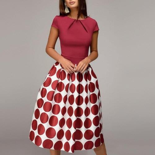 50% Hot Sale Women Dresses Summer Polka Dot Patchwork Short Sleeve Round Neck Slim Fits Midi Swing Beach Vacation Long Dresse