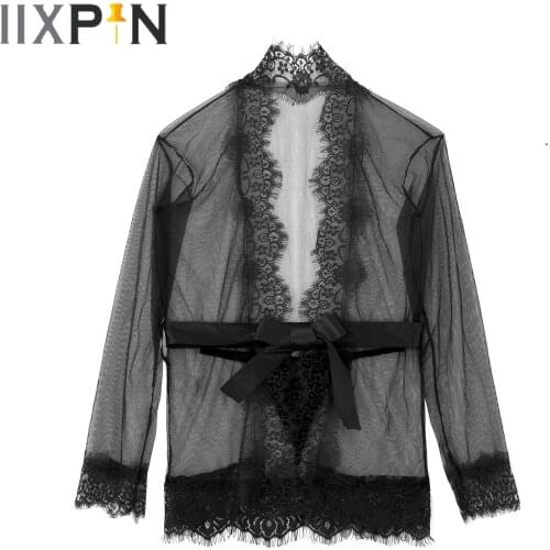 Womens Erotic Babydoll Nightwear Sexy See Through Mesh Long Sleeves Lace Robe Dress Sash Self Tie Front with G-String Underpants