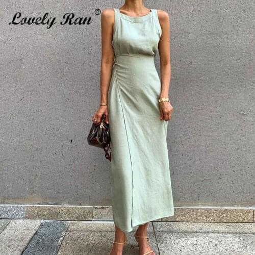 2021 Summer Vintage Sleeveless Long Dresses Women Solid Casual High Waist Bandage Dresses Female Elegant Office Ladies Clothes