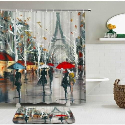 2Pcs/Set Eiffel Tower Pattern Landscape Architecture Shower Curtain Set Waterproof +Non-slip Mat Rug Toilet Bathroom Home Decor