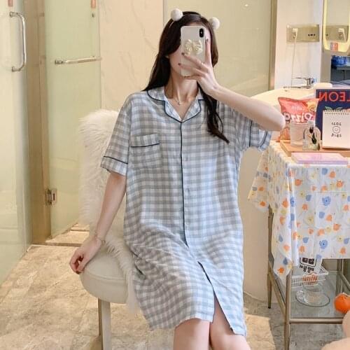 2021 Summer Plus Size Short Sleeve Casual Plaid Cotton Nightgowns for Women Korean Loose Sleepwear Nightdress Night Dress Nighty
